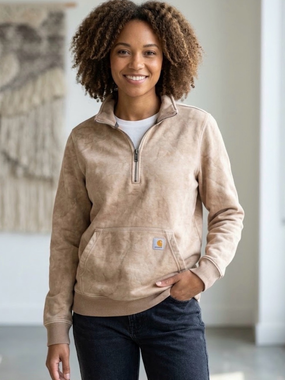 Carhartt Women's Relaxed Fit Taupe Quarter-Zip Pullover Hoodie size Large